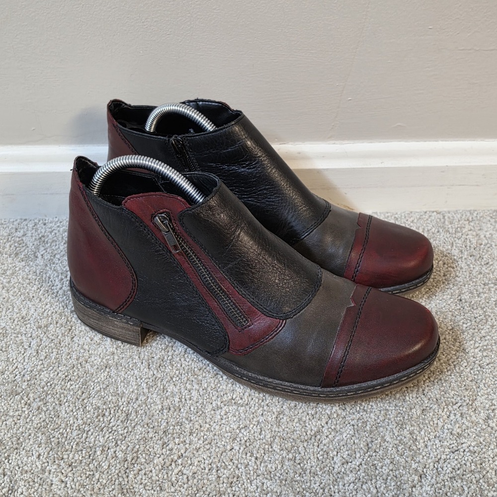 Remonte Zip Up Ankle Boots Red Wine Patchwork Size 41 US 9.5 Shoes NWOB